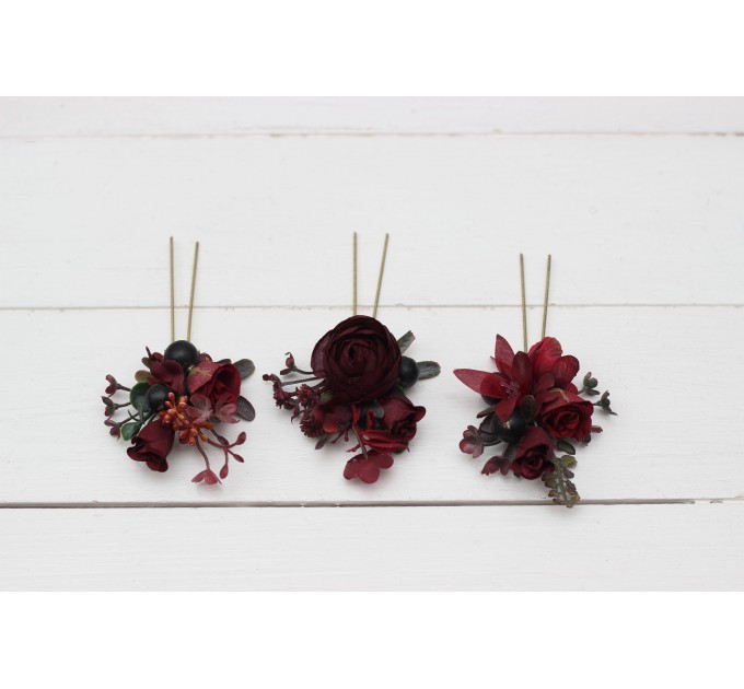 Set of 3 hair pins in burgundy red blue color scheme. Hair accessories. Flower accessories for wedding. 5077