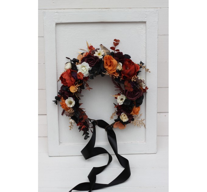 Purple burgundy black rust gold flower crown. Hair wreath. Flower girl crown. Wedding flowers. 5014
