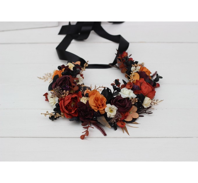 Purple burgundy black rust gold flower crown. Hair wreath. Flower girl crown. Wedding flowers. 5014