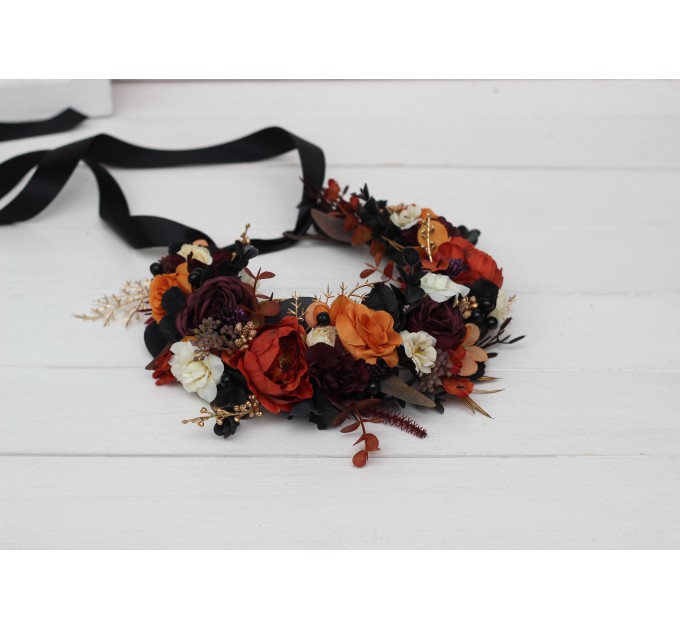 Purple burgundy black rust gold flower crown. Hair wreath. Flower girl crown. Wedding flowers. 5014