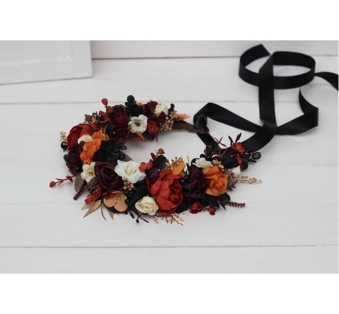 Purple burgundy black rust gold flower crown. Hair wreath. Flower girl crown. Wedding flowers. 5014