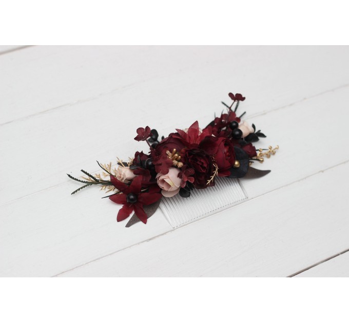 Flower comb in burgundy black gold beige color scheme. Wedding accessories for hair. Bridal flower comb. Bridesmaid floral comb. Halloween wedding. 0018