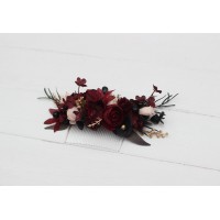 Flower comb in burgundy black gold beige color scheme. Wedding accessories for hair. Bridal flower comb. Bridesmaid floral comb. Halloween wedding. 0018