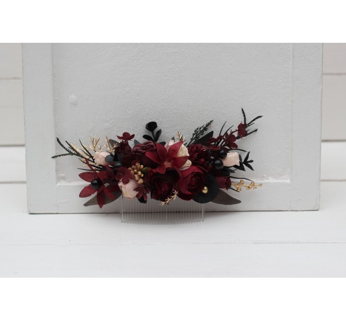 Flower comb in burgundy black gold beige color scheme. Wedding accessories for hair. Bridal flower comb. Bridesmaid floral comb. Halloween wedding. 0018