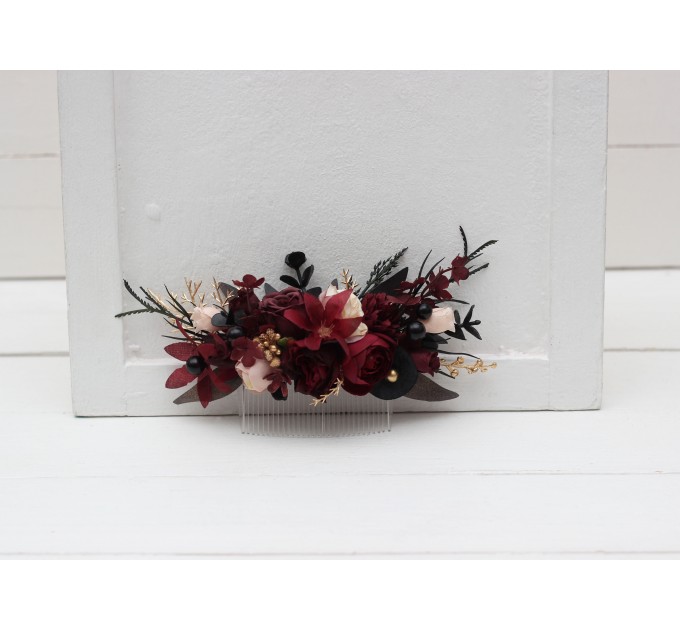 Flower comb in burgundy black gold beige color scheme. Wedding accessories for hair. Bridal flower comb. Bridesmaid floral comb. Halloween wedding. 0018
