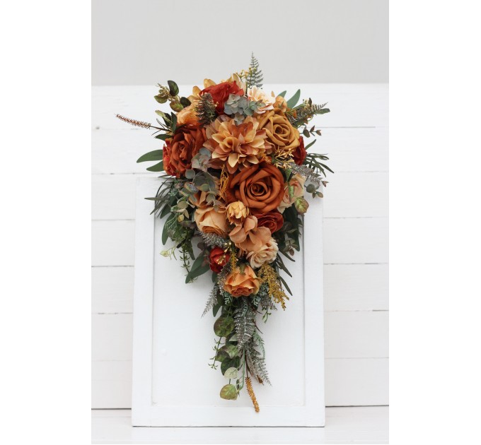 Wedding Bouquets in Rust, Orange & Gold | Dahlia & Rose Faux Bridal & Bridesmaid Cascading Bouquets