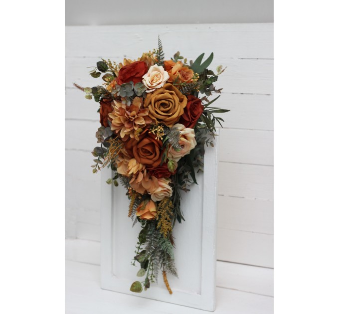 Wedding Bouquets in Rust, Orange & Gold | Dahlia & Rose Faux Bridal & Bridesmaid Cascading Bouquets