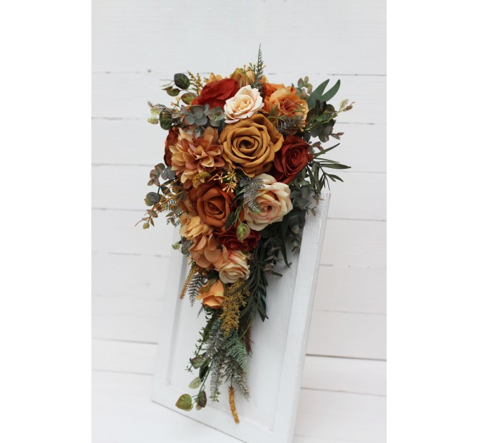 Wedding Bouquets in Rust, Orange & Gold | Dahlia & Rose Faux Bridal & Bridesmaid Cascading Bouquets