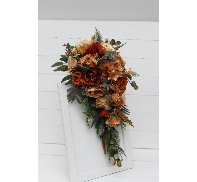 Wedding Bouquets in Rust, Orange & Gold | Dahlia & Rose Faux Bridal & Bridesmaid Cascading Bouquets