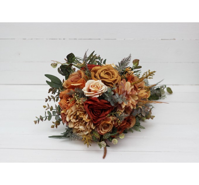 Wedding bouquets in rust orange gold colors.  Dahlia rose bridal bouquet. Cascading bouquet. Faux bouquet. Bridesmaid bouquet. 5213