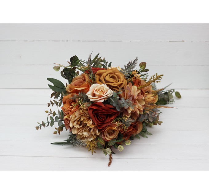 Wedding Bouquets in Rust, Orange & Gold | Dahlia & Rose Faux Bridal & Bridesmaid Cascading Bouquets