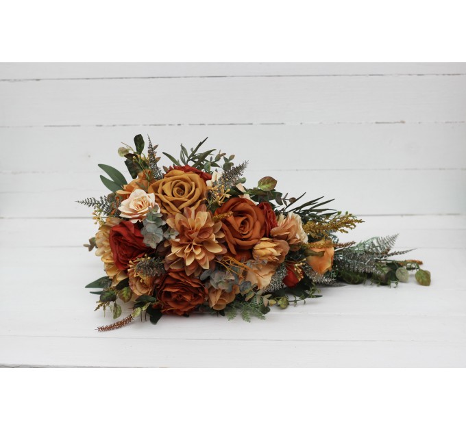 Wedding Bouquets in Rust, Orange & Gold | Dahlia & Rose Faux Bridal & Bridesmaid Cascading Bouquets