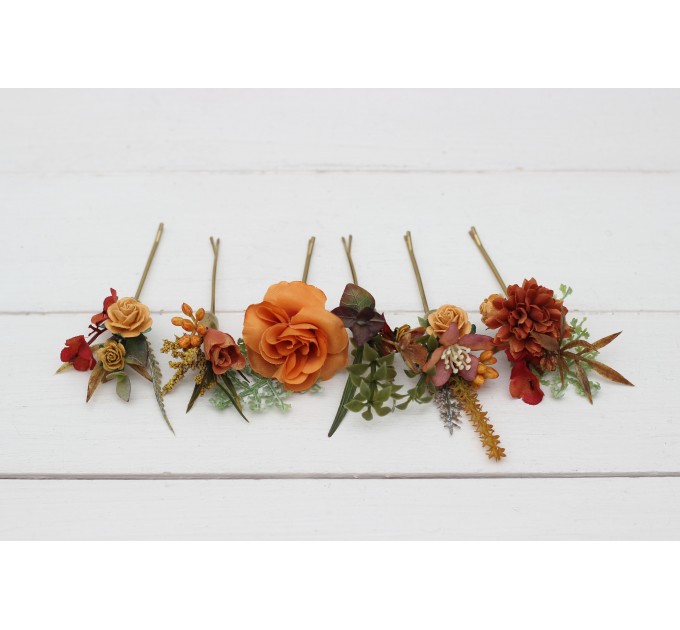 Set of 6 bobby pins in orange rust color scheme. Hair accessories. Flower accessories for wedding. 5213