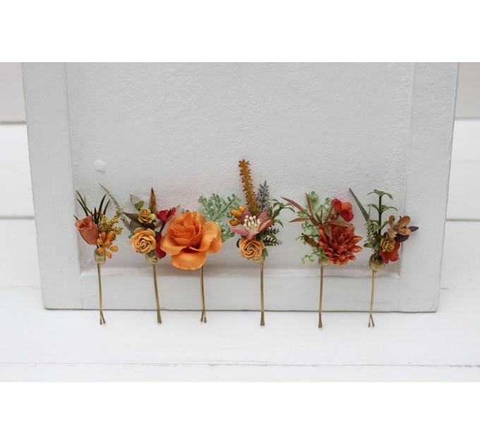 Set of 6 bobby pins in orange rust color scheme. Hair accessories. Flower accessories for wedding. 5213