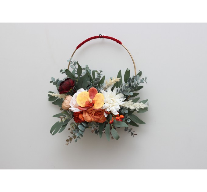 Rust orange burgundy color theme.Orchid dahlia floral hoop. Alternative bridesmaid bouquet. Boho wedding. Floral backdrop. 0035