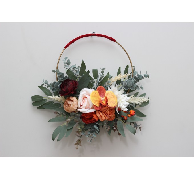 Rust orange burgundy color theme.Orchid dahlia floral hoop. Alternative bridesmaid bouquet. Boho wedding. Floral backdrop. 0035