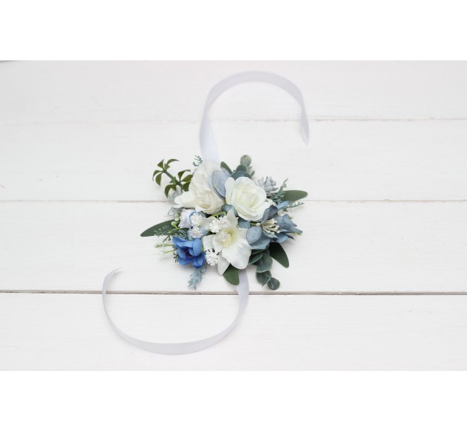 Wedding Boutonnieres & Wrist Corsage in Sky Blue & White | Faux Flower Accessories