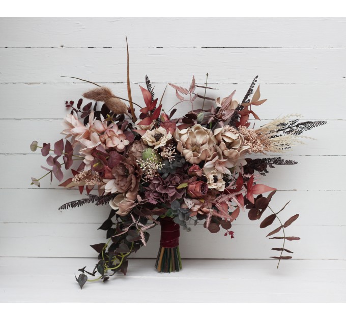 Wedding Bouquets in Beige, Brown, Mocha Mousse & Burgundy | Cascading Faux Bridal & Bridesmaid Bouquets