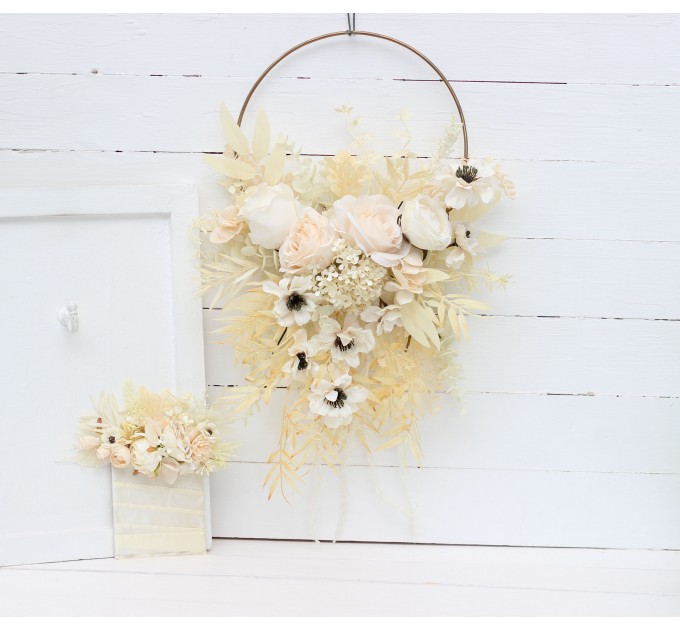 Flower hoop in champagne ivory cream  colors. Alternative bridesmaid bouquet. 5206