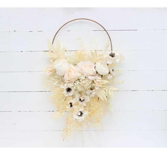 Flower hoop in champagne ivory cream  colors. Alternative bridesmaid bouquet. 5206