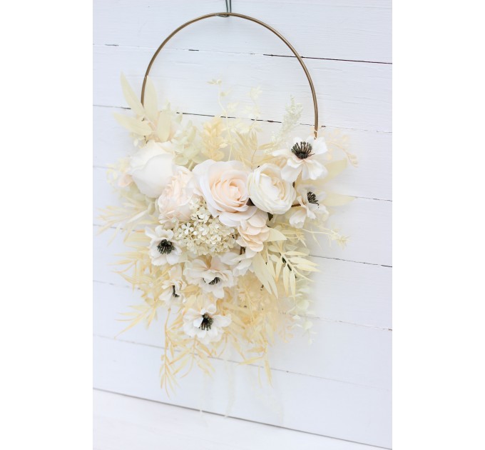 Flower hoop in champagne ivory cream  colors. Alternative bridesmaid bouquet. 5206