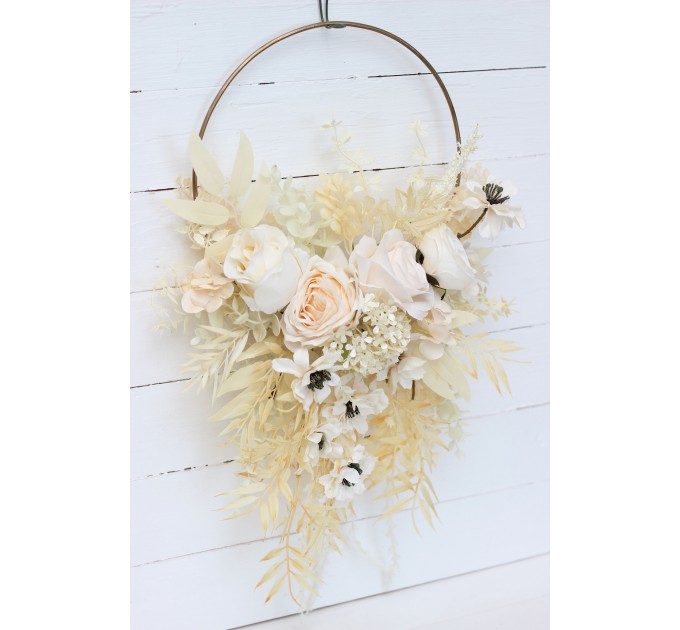 Flower hoop in champagne ivory cream  colors. Alternative bridesmaid bouquet. 5206
