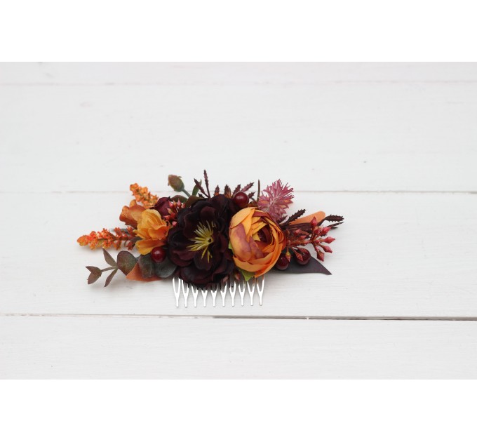 Flower comb in rust burgundy cinnamon orange color scheme. Wedding accessories for hair. Bridal flower comb. Bridesmaid floral comb. 0033