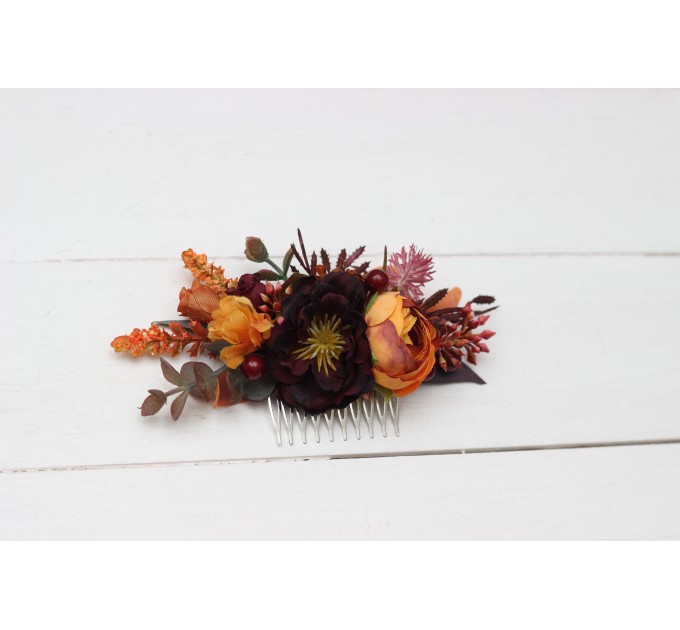 Flower comb in rust burgundy cinnamon orange color scheme. Wedding accessories for hair. Bridal flower comb. Bridesmaid floral comb. 0033