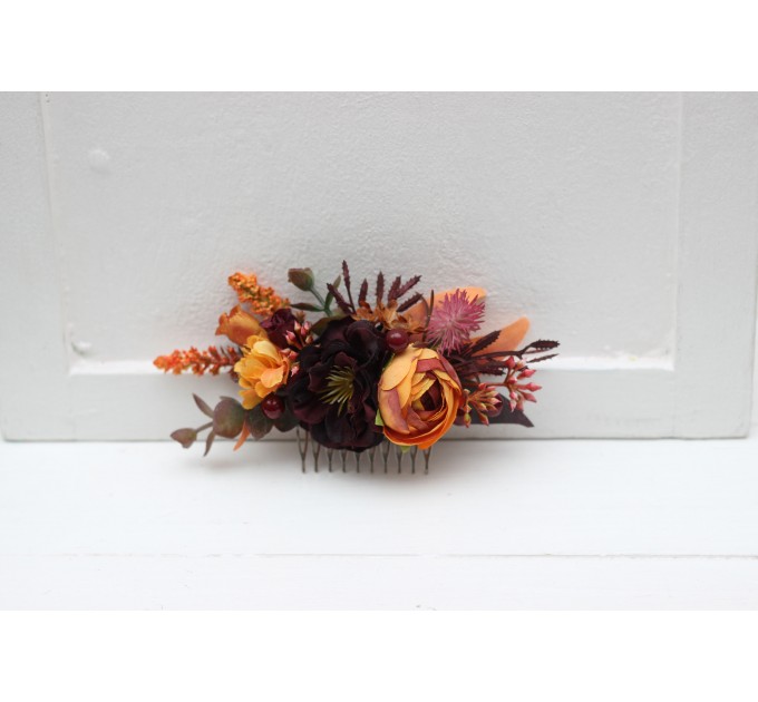 Flower comb in rust burgundy cinnamon orange color scheme. Wedding accessories for hair. Bridal flower comb. Bridesmaid floral comb. 0033