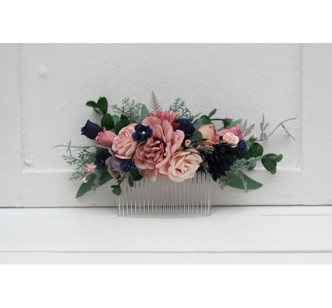 Flower comb in dusty rose navy blue color scheme. Wedding accessories for hair. Bridal flower comb. Bridesmaid floral comb. 5216