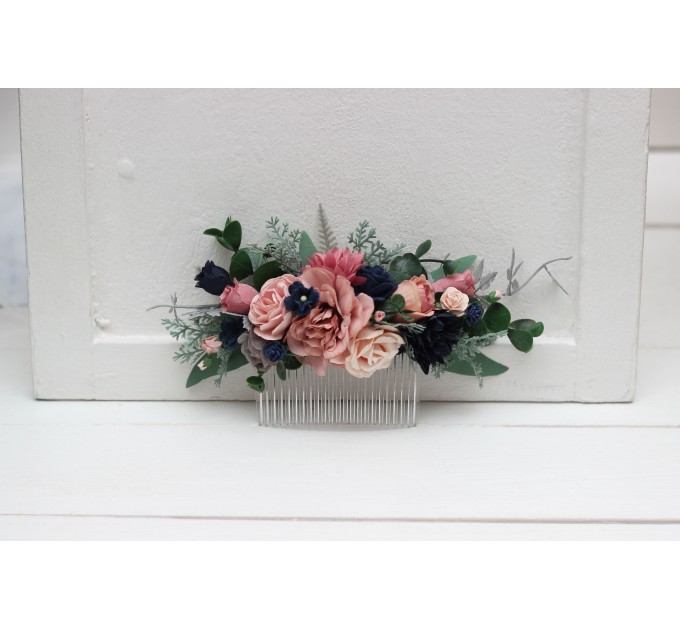 Flower comb in dusty rose navy blue color scheme. Wedding accessories for hair. Bridal flower comb. Bridesmaid floral comb. 5216