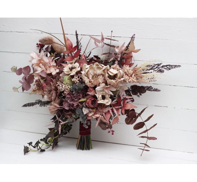 Wedding Bouquets in Beige, Brown, Mocha Mousse & Burgundy | Cascading Faux Bridal & Bridesmaid Bouquets