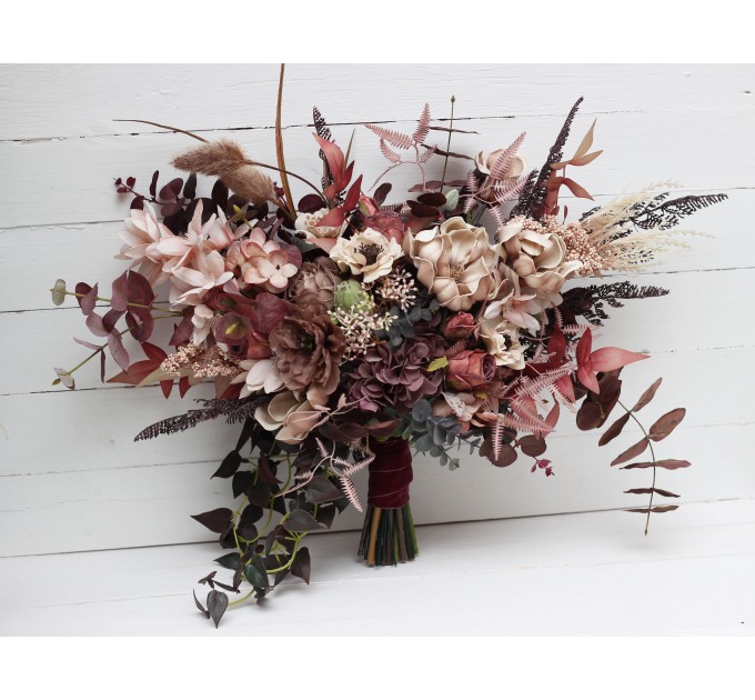 Wedding Bouquets in Beige, Brown, Mocha Mousse & Burgundy | Cascading Faux Bridal & Bridesmaid Bouquets