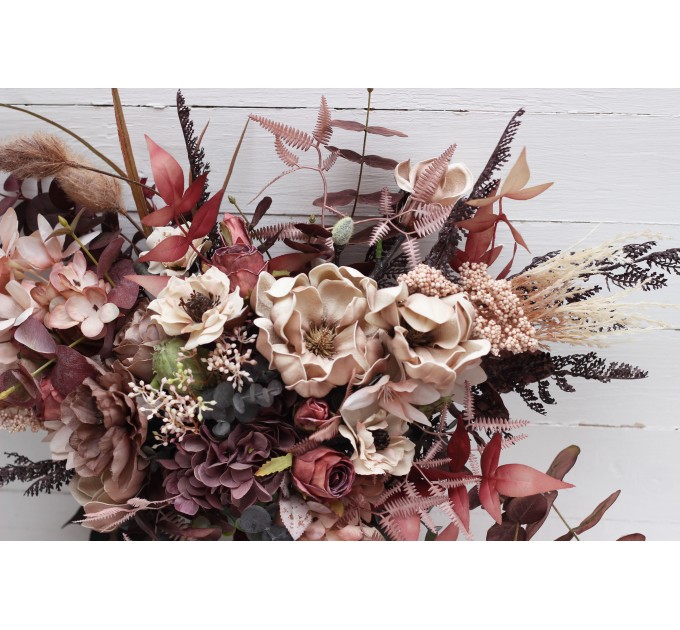 Wedding Bouquets in Beige, Brown, Mocha Mousse & Burgundy | Cascading Faux Bridal & Bridesmaid Bouquets