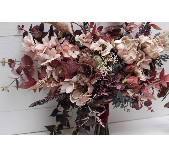 Wedding Bouquets in Beige, Brown, Mocha Mousse & Burgundy | Cascading Faux Bridal & Bridesmaid Bouquets