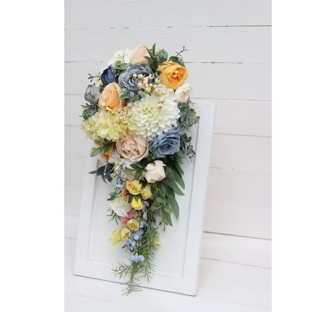 Spring & Summer Wedding Bouquets in Peach, Yellow & Dusty Blue | Faux Cascading Bridal & Bridesmaid Bouquets