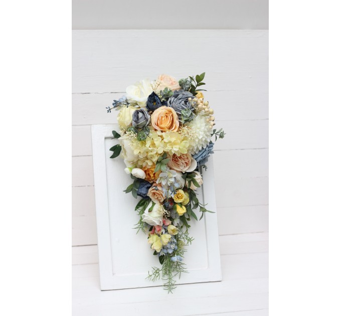 Spring & Summer Wedding Bouquets in Peach, Yellow & Dusty Blue | Faux Cascading Bridal & Bridesmaid Bouquets