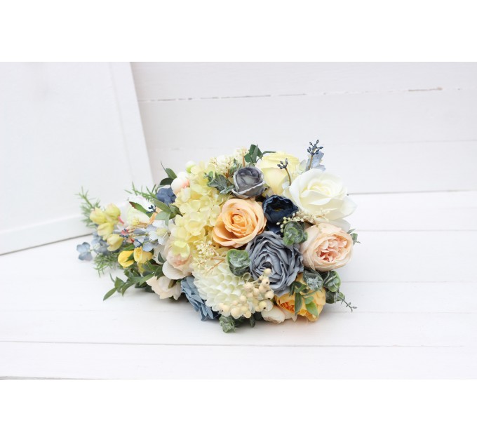 Spring summer wedding. Cascading bouquet. Peach yellow dusty blue flowers. Faux bouquet. Bridal bouquet. Silk flowers. Boho wedding. 5218
