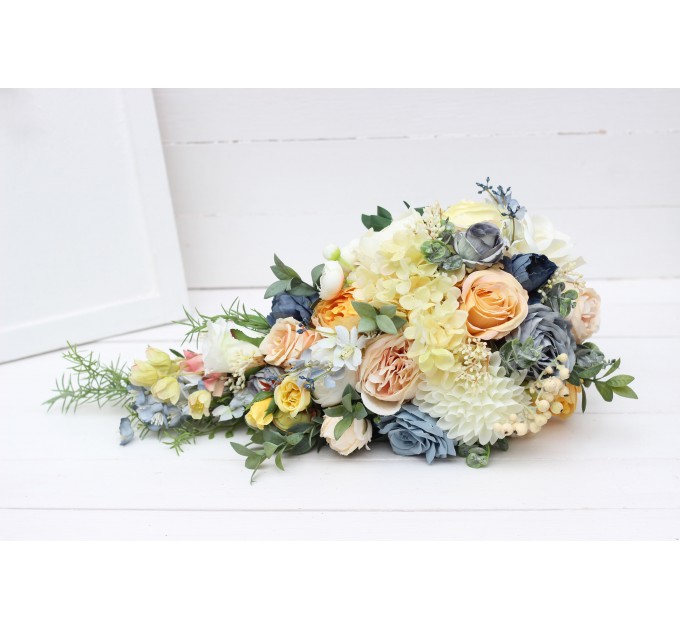 Spring & Summer Wedding Bouquets in Peach, Yellow & Dusty Blue | Faux Cascading Bridal & Bridesmaid Bouquets