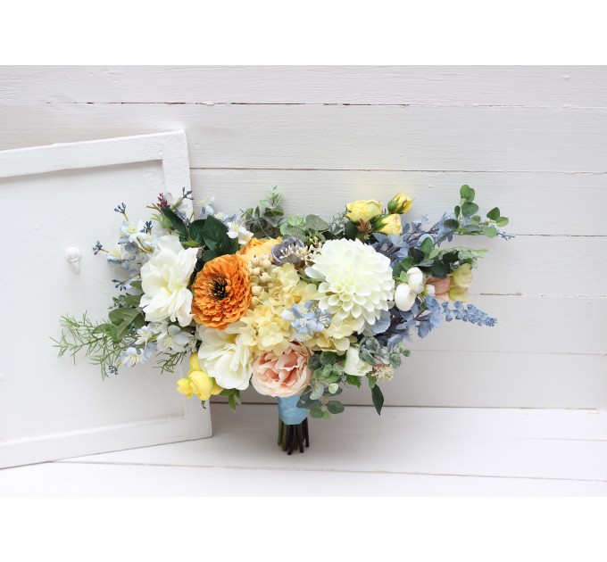 Spring & Summer Wedding Bouquets in Peach, Yellow & Dusty Blue | Faux Cascading Bridal & Bridesmaid Bouquets