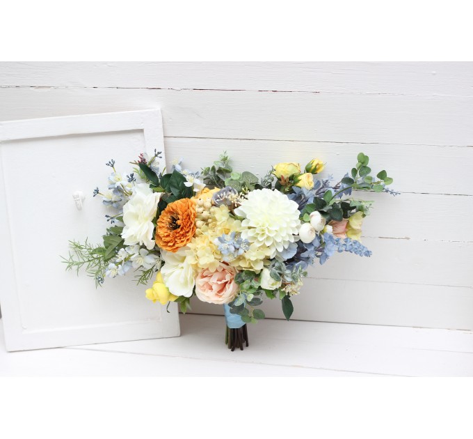 Spring & Summer Wedding Bouquets in Peach, Yellow & Dusty Blue | Faux Cascading Bridal & Bridesmaid Bouquets