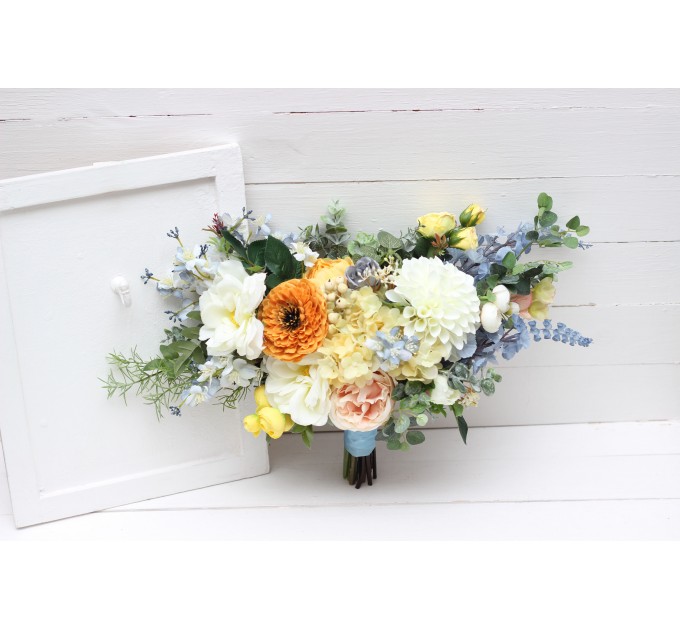 Spring & Summer Wedding Bouquets in Peach, Yellow & Dusty Blue | Faux Cascading Bridal & Bridesmaid Bouquets
