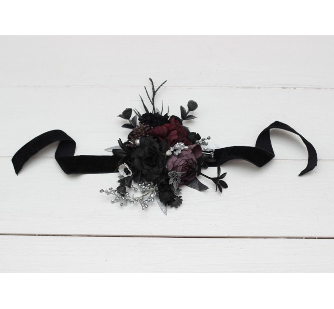 Wedding Boutonnieres & Wrist Corsage in Silver, Black & Purple | Faux Flower Accessories