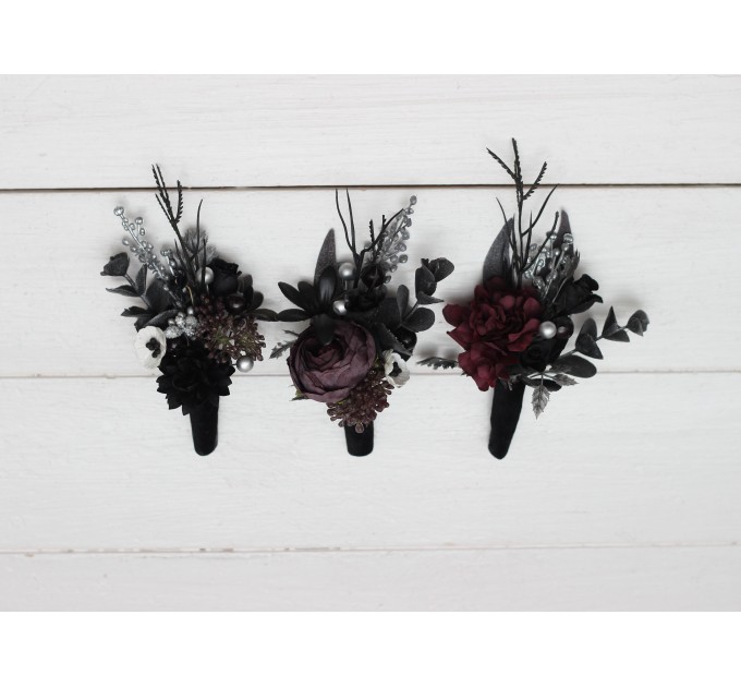 Wedding Boutonnieres & Wrist Corsage in Silver, Black & Purple | Faux Flower Accessories