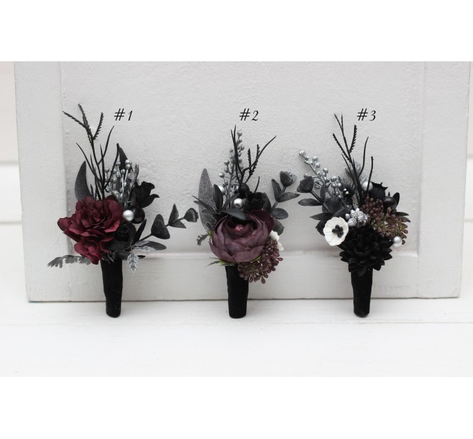 Wedding Boutonnieres & Wrist Corsage in Silver, Black & Purple | Faux Flower Accessories