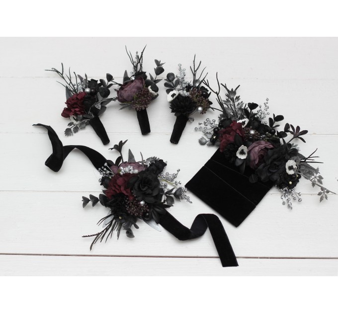 Wedding Boutonnieres & Wrist Corsage in Silver, Black & Purple | Faux Flower Accessories