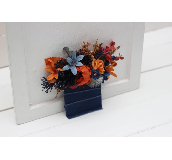 Pocket Boutonniere in Navy Blue & Rust | Square Flower Accessories