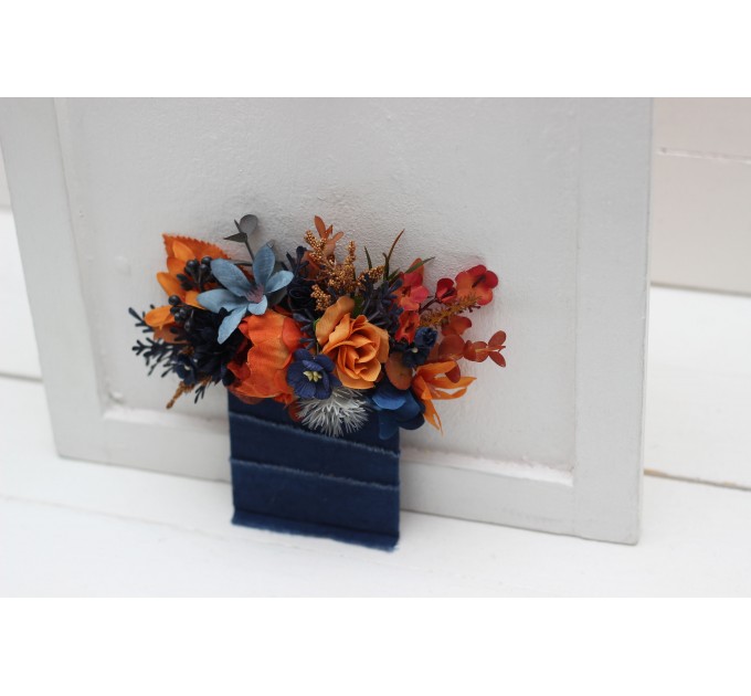 Pocket Boutonniere in Navy Blue & Rust | Square Flower Accessories