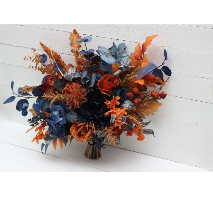 Wedding Bouquets in Navy Blue & Rust | Cascading Faux Bridal & Bridesmaid Bouquets