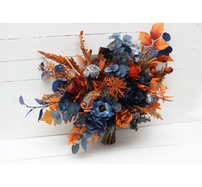 Wedding Bouquets in Navy Blue & Rust | Cascading Faux Bridal & Bridesmaid Bouquets